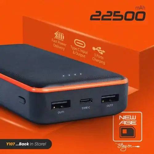 New Age 22,500mAh power bank with sleek design and multiple charging ports for portable device power on the go.