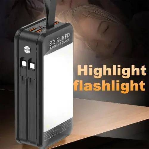 SariQart OALE ipower U30000 portable power bank with multiple charging ports and digital display, black rectangular device.