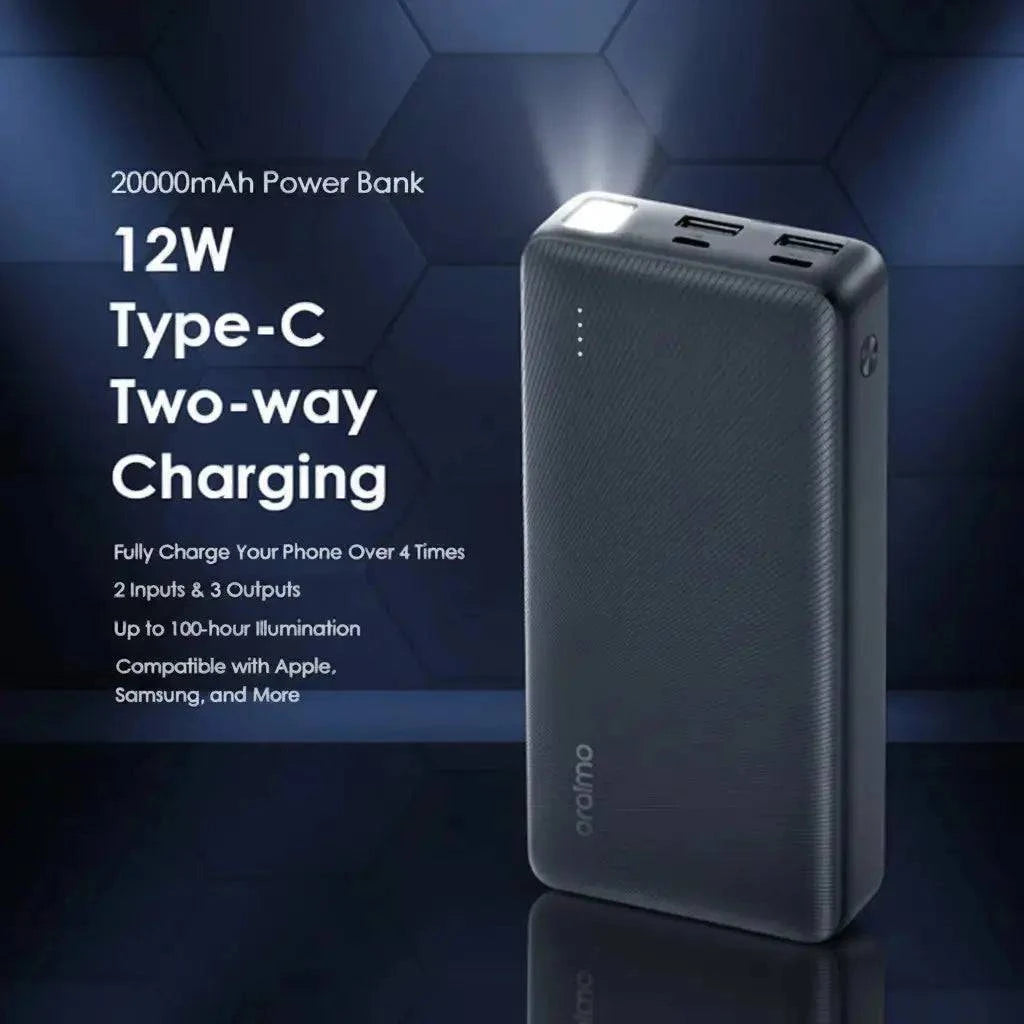 Oraimo 12W power bank, compact portable charger with USB ports and sleek design, ideal for charging devices on the go.