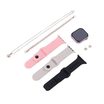 SariQart KW73 mini smartwatch with three interchangeable straps, black watch face, and digital display on a white background.