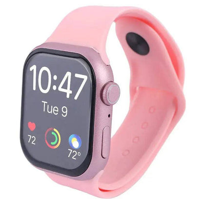 SariQart KW73 mini smartwatch with three interchangeable straps, showing a sleek black watch face and colorful band options.