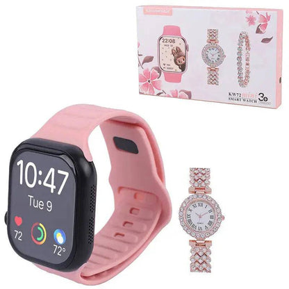 SariQart KW72 mini smartwatch with black band and digital display showing time and fitness icons.