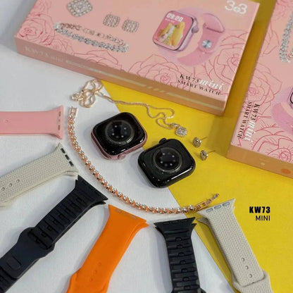 SariQart KW73 mini smartwatch with three interchangeable straps, featuring a compact display and fitness tracking functions.