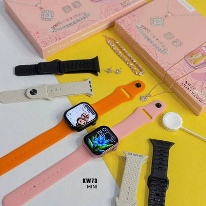 SariQart KW73 mini smartwatch with three adjustable straps, featuring a sleek design and digital display for fitness tracking.