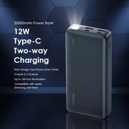 Oraimo 12W power bank, compact portable charger with USB ports and sleek design, ideal for charging devices on the go.