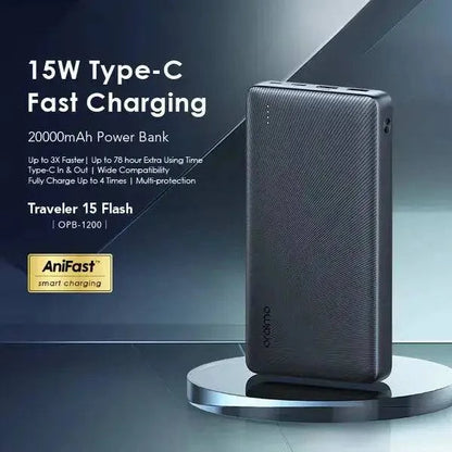 Oraimo 15W power bank with sleek design and USB ports, portable charger for smartphones and devices.