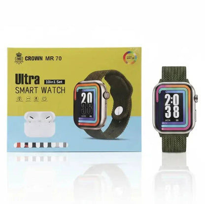 SariQart Crown MR70 smartwatch displaying digital time and health tracking features on a sleek black band.