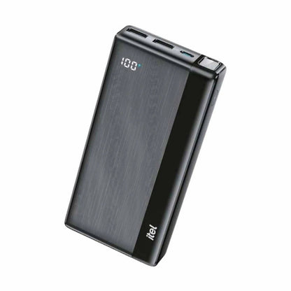 Itel 12W power bank with sleek black design, showing USB ports and charging indicator lights.