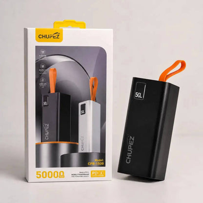 CHUPEZ 50000mAh power bank showing a compact, portable electronic device with multiple USB ports and digital display