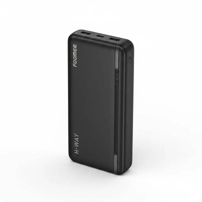 Foomee H-Way Series 20000mAh power bank by SariQart, angled view showing sleek black design with USB ports and power indicator lights.