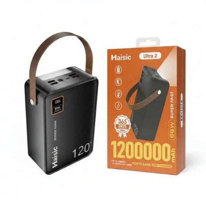 SariQart Haisic 120000mAh power bank with multiple USB ports and digital display, shown on a white background.