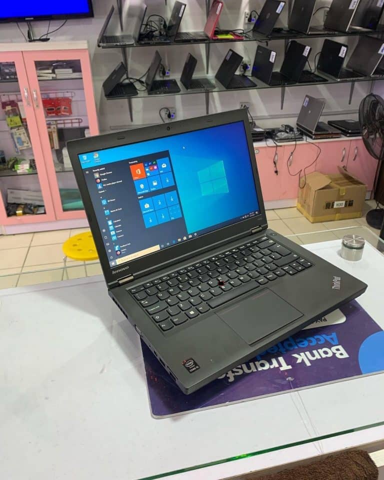 Lenovo Thinkpad T440P business laptop with black keyboard and screen open, showing sleek design and professional look.