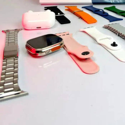 SariQart Crown i60 Ultra 2 smartwatch displaying a digital watch face with fitness tracking features and a sleek black band.