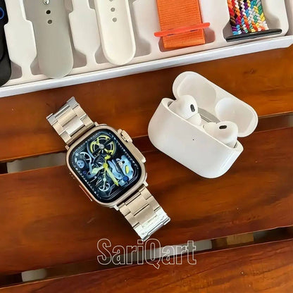 i20 Ultra Max Smartwatch displaying digital time, fitness tracker icons, and sleek black band on a white background.