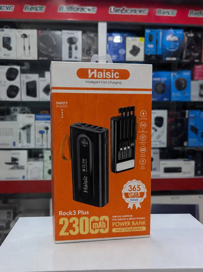 SariQart Haisic Rock 3 Power Bank with USB ports and digital display, compact portable power source for charging devices.