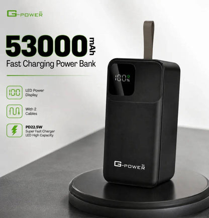 SariQart G-Power 53000mAh portable power bank with multiple USB ports and sleek black design, ready for charging devices on the go.