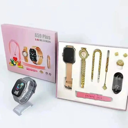SariQart A59 Plus Smart Watch for Women with digital display, fitness tracking, and sleek black band.