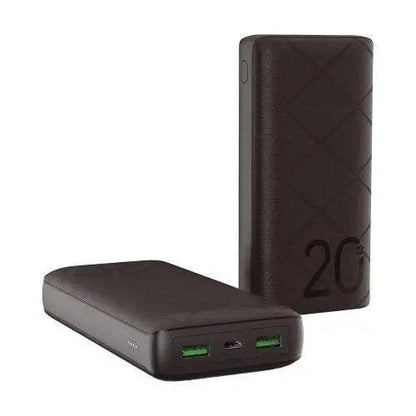 Infinix 20000mAh Power Bank by SariQart showing a sleek black portable charger with USB ports and digital display