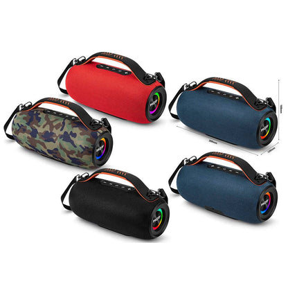 SariQart H@F GU-133 wireless portable Bluetooth speaker with black cylindrical design and control buttons on top.