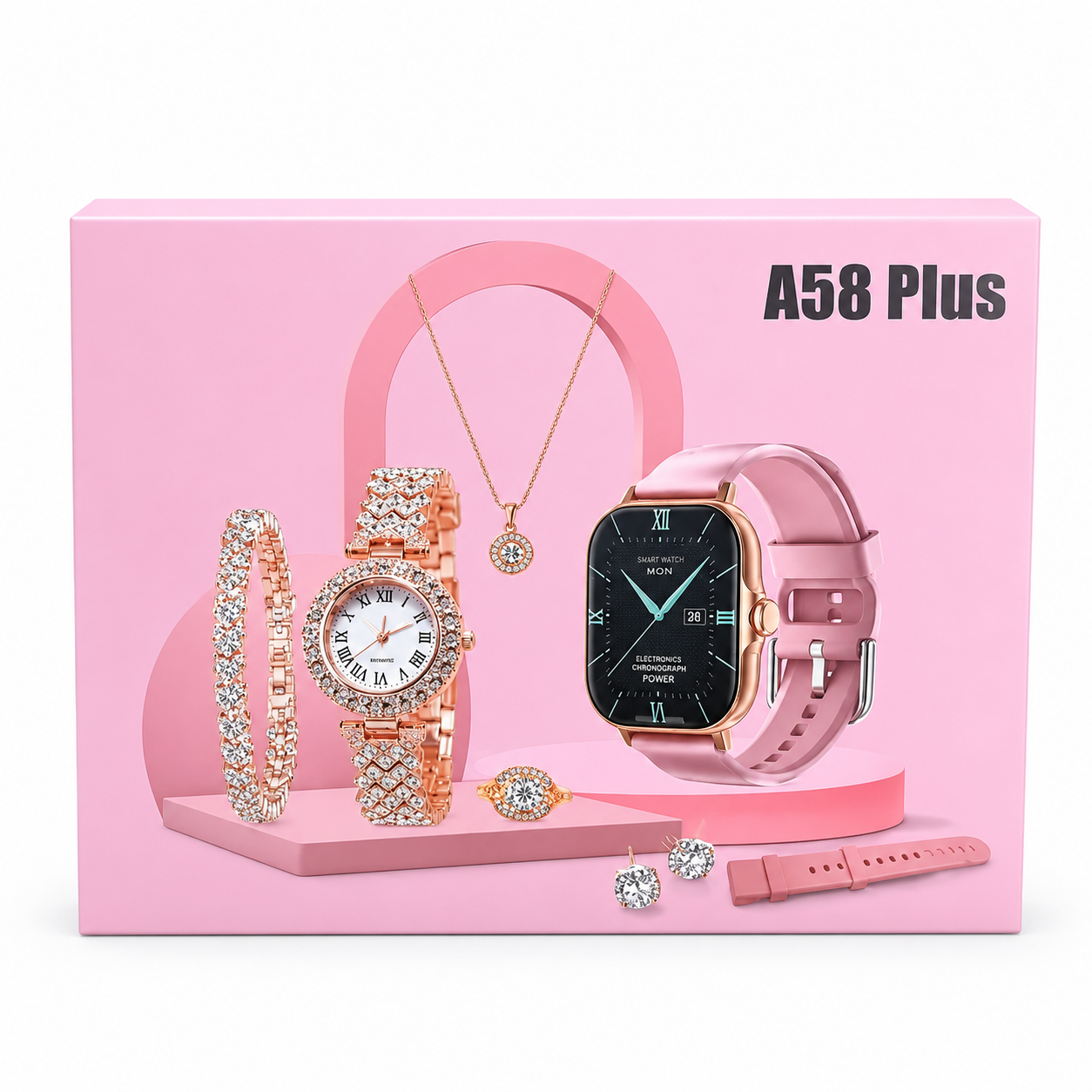 SariQart A58 Plus Smartwatch with 2.02-inch large screen showing digital clock and fitness tracking features.