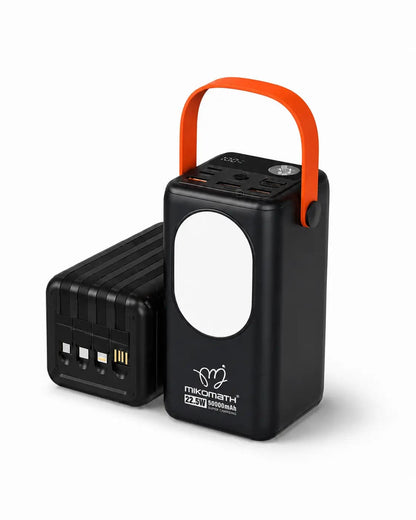 Mikomath MK60 portable high-capacity power bank by SariQart with USB ports and sleek black design.