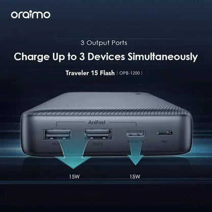 Oraimo 15W power bank showing sleek black design with USB ports on its side, portable portable power source for charging devices