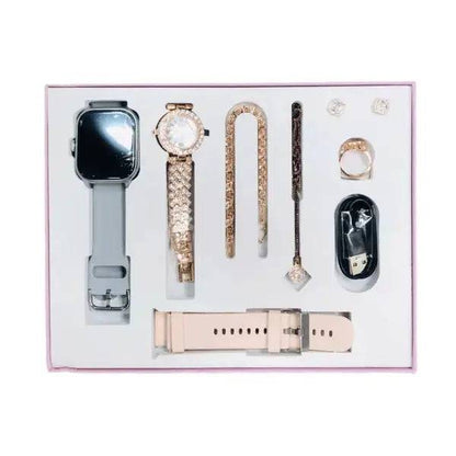 SariQart A59 Plus smart watch for women with a sleek black band and digital display showing time and fitness icons.