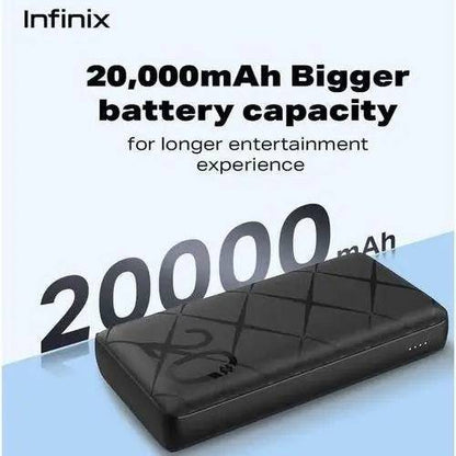 Infinix 20000mAh power bank by SariQart showing a sleek black portable charger with USB ports and LED indicator lights.