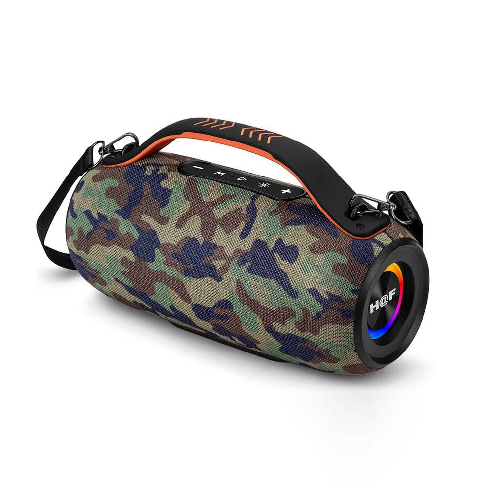 SariQart H@F GU-133 wireless portable Bluetooth speaker with sleek black design and control buttons on top.